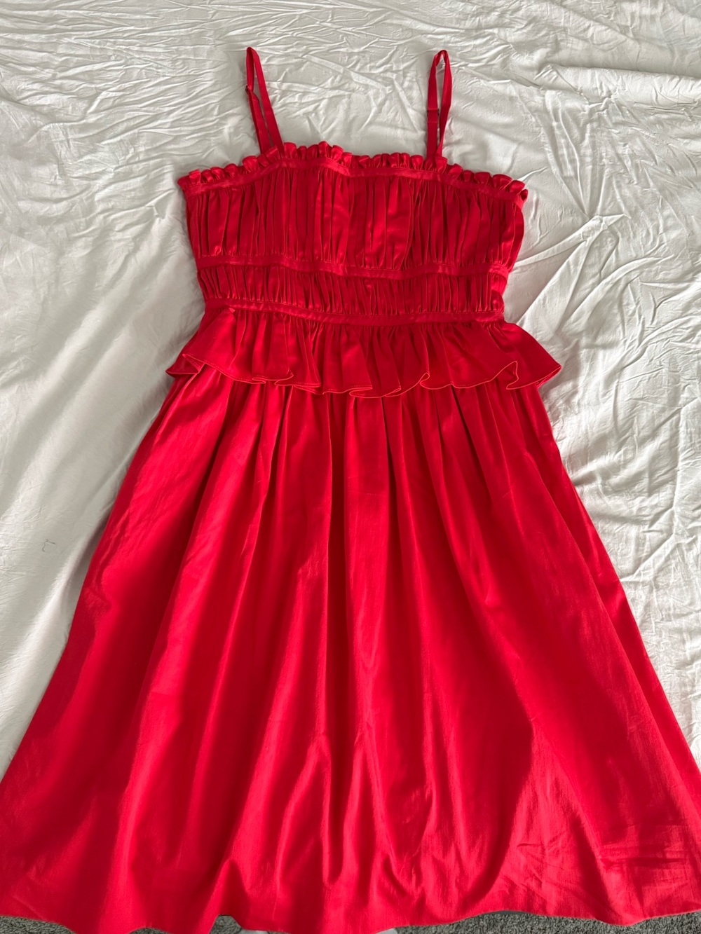 ANTONIO MELANI Red Smocked Midi Dress with Ruffle Waist